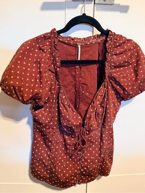Free People Rust Burgundy Ditsy Puff Sleeve Blouse